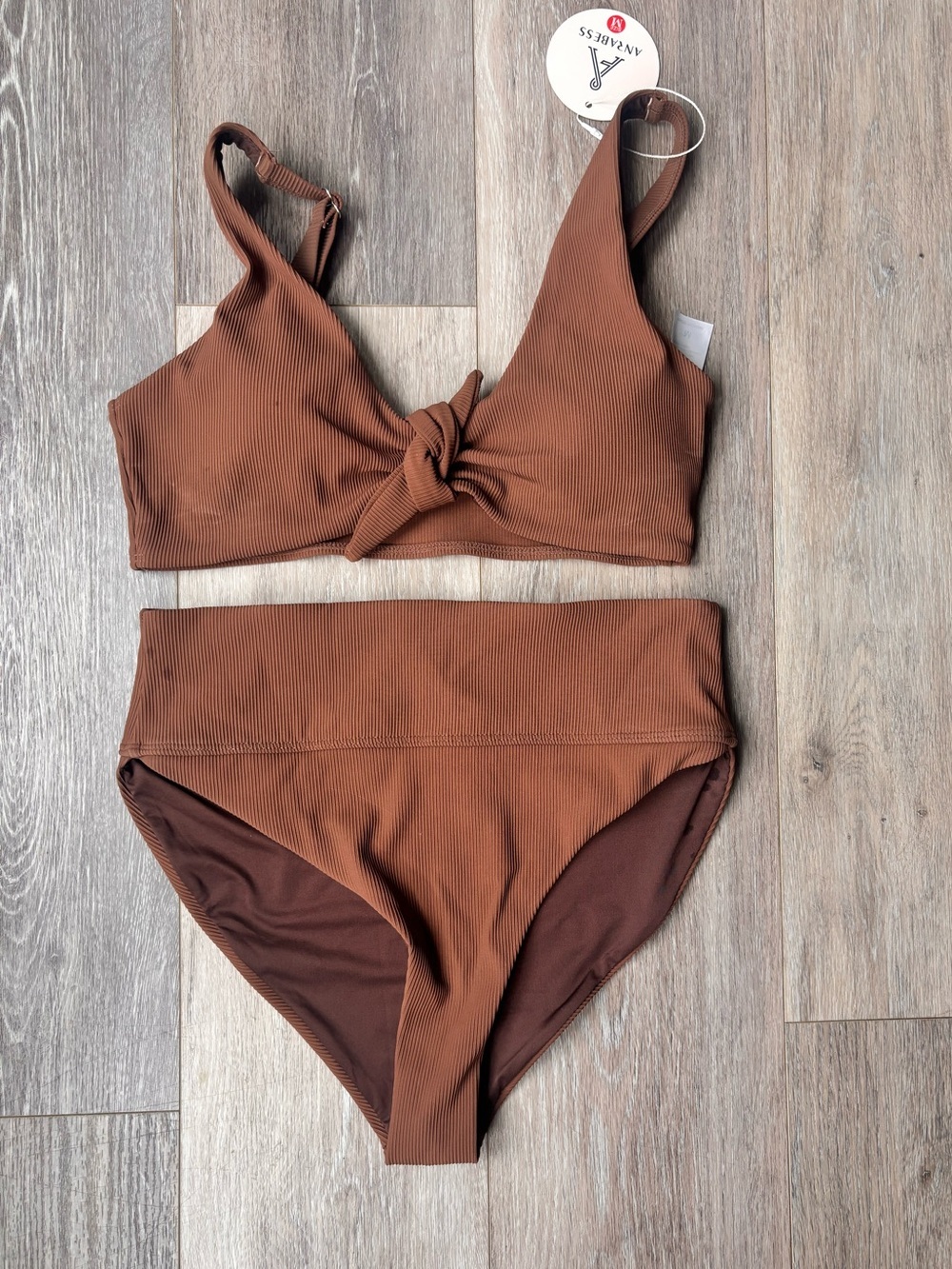 Brown Ribbed Knot-Front High Waist Bikini